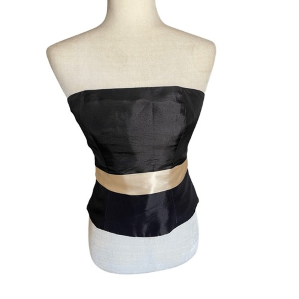 Y2K bill levcoff black formal zip up corset top with beige/peach ribbon